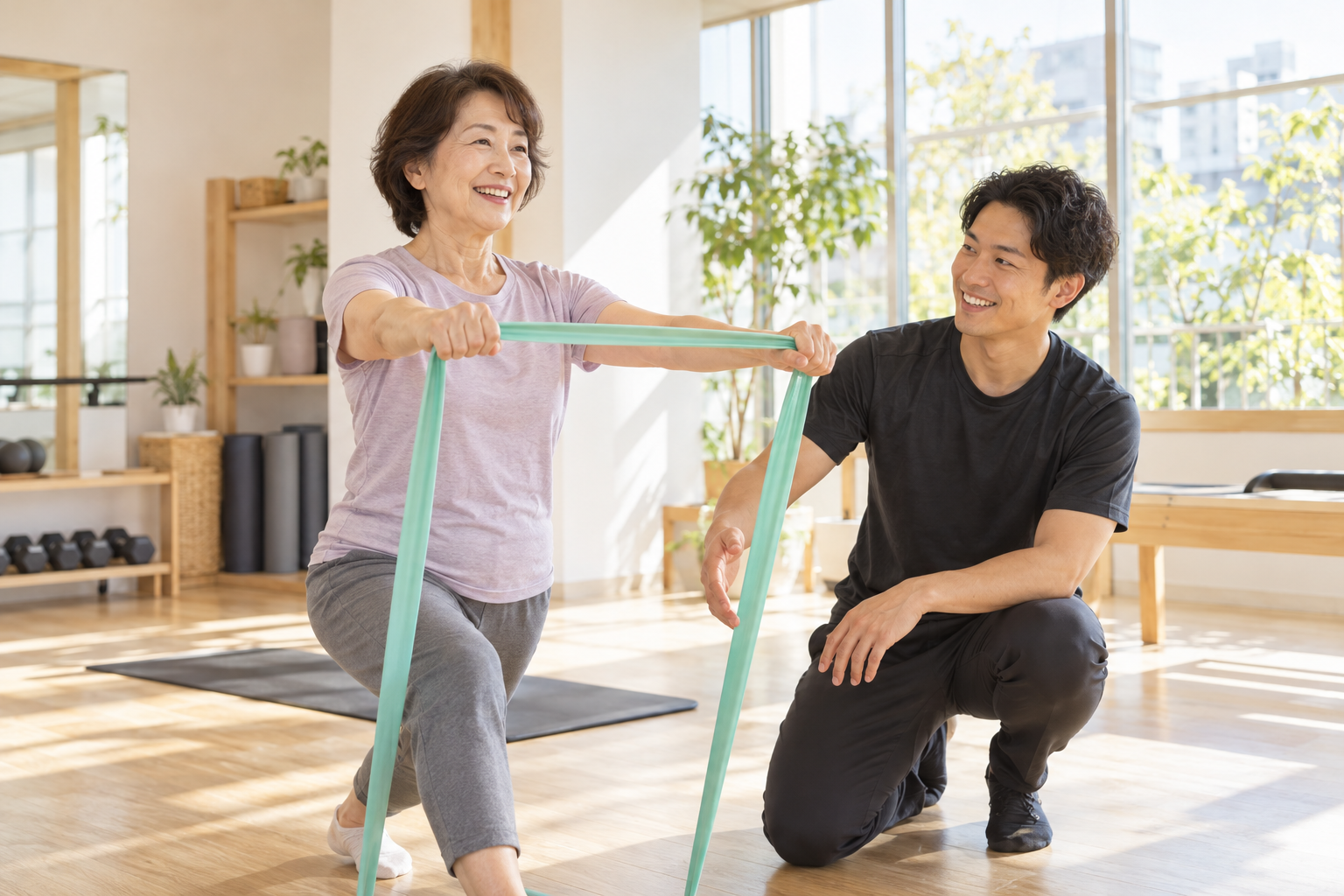 チューブを使った運動をする女性とトレーナー