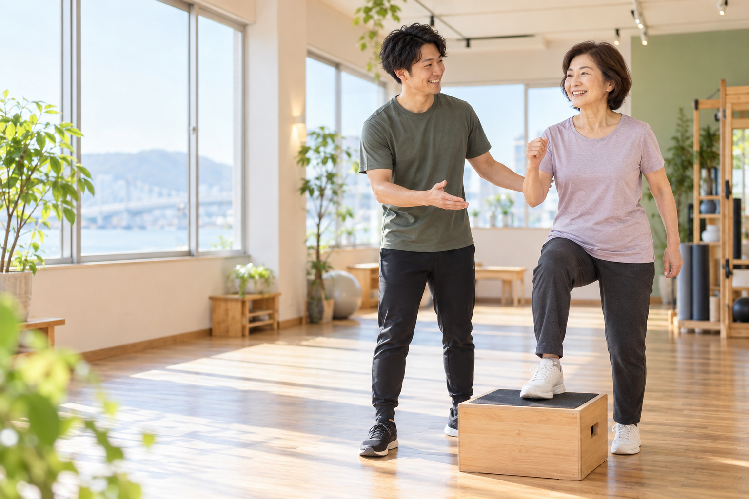 トレーナーと一緒に段差を使った運動を行う女性